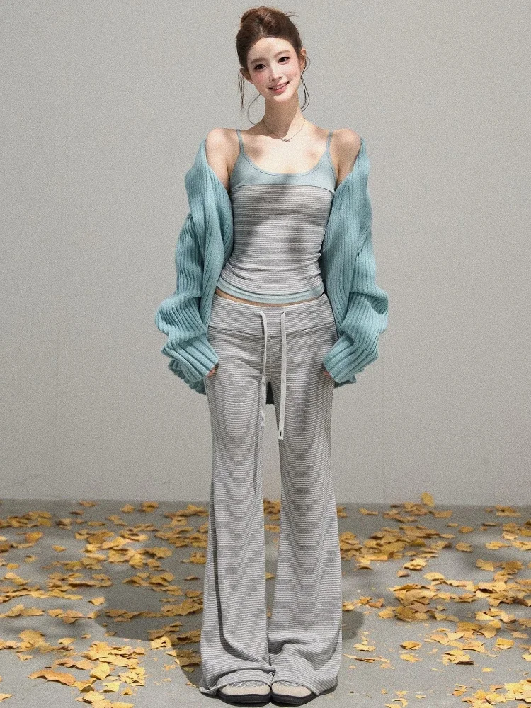 

Y2k Эстетический комплект из трех предметов в стиле гранж, свободный однотонный кардиган + лоскутный сказочный жилет + расклешенные брюки в полоску на шнурке, осенние наряды