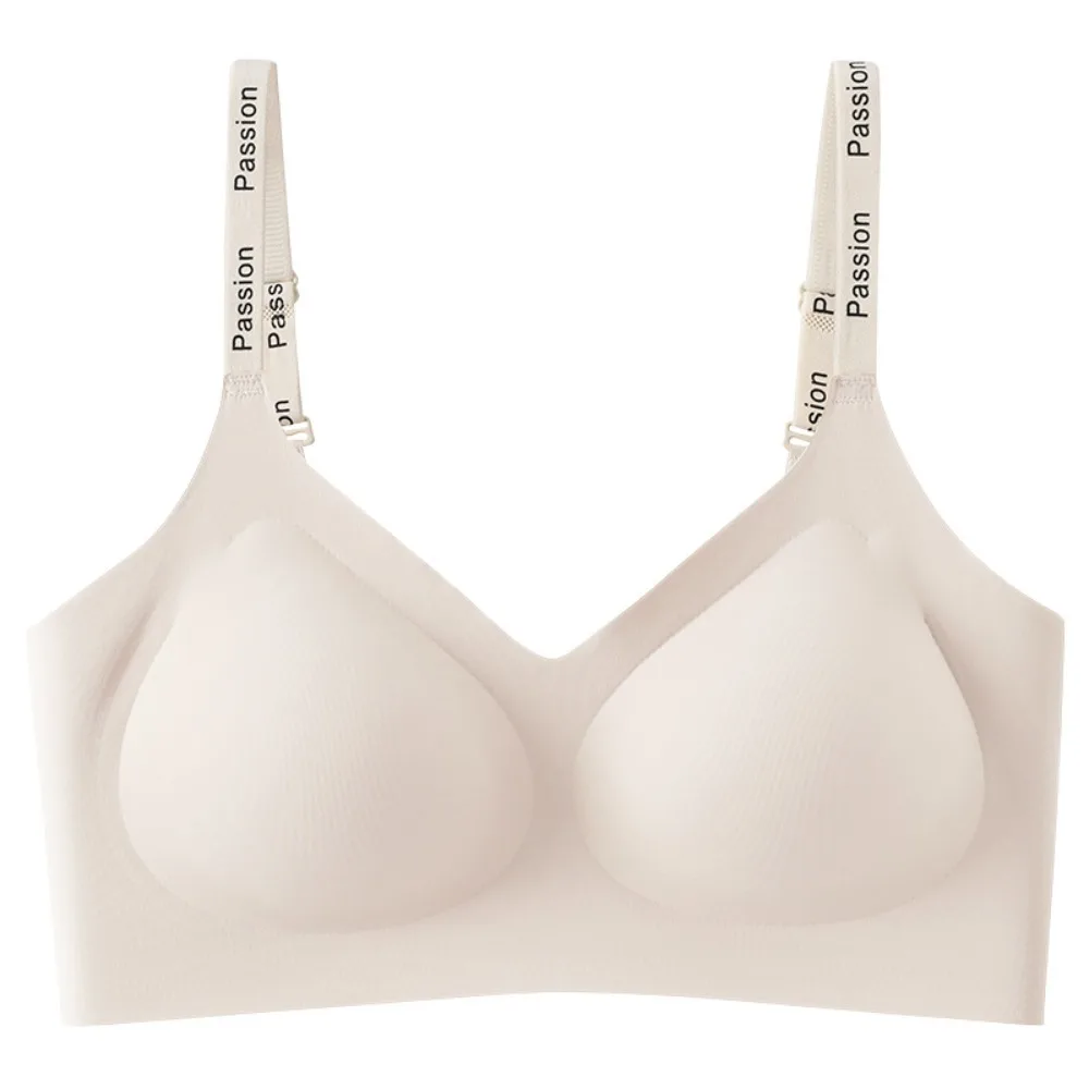 英語レタープリントワイヤレスディープVブラ、耐震性、ぴったりフィット、プッシュアップ、寄せ上げ効果のあるシームレスブラ、跡が目立たない