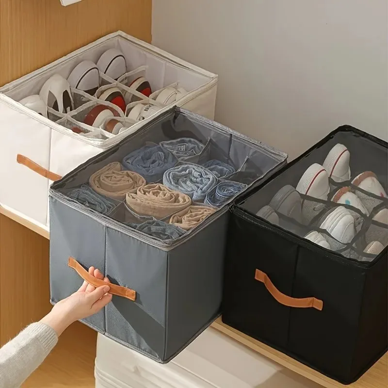 Scatola per scarpe portaoggetti a griglia multifunzionale 1PC Tessuto pieghevole transfrontaliero con coperchio Scatola portaoggetti per articoli vari antipolvere e lavabile
