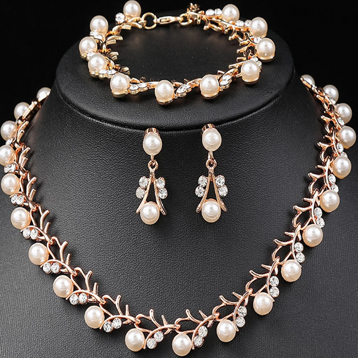 4PC Women\'s Fashion Imitation Pearl Necklace Earrings Bracelet Jewelry Set Suitable for Wedding, Party, Festival Gifts-9248