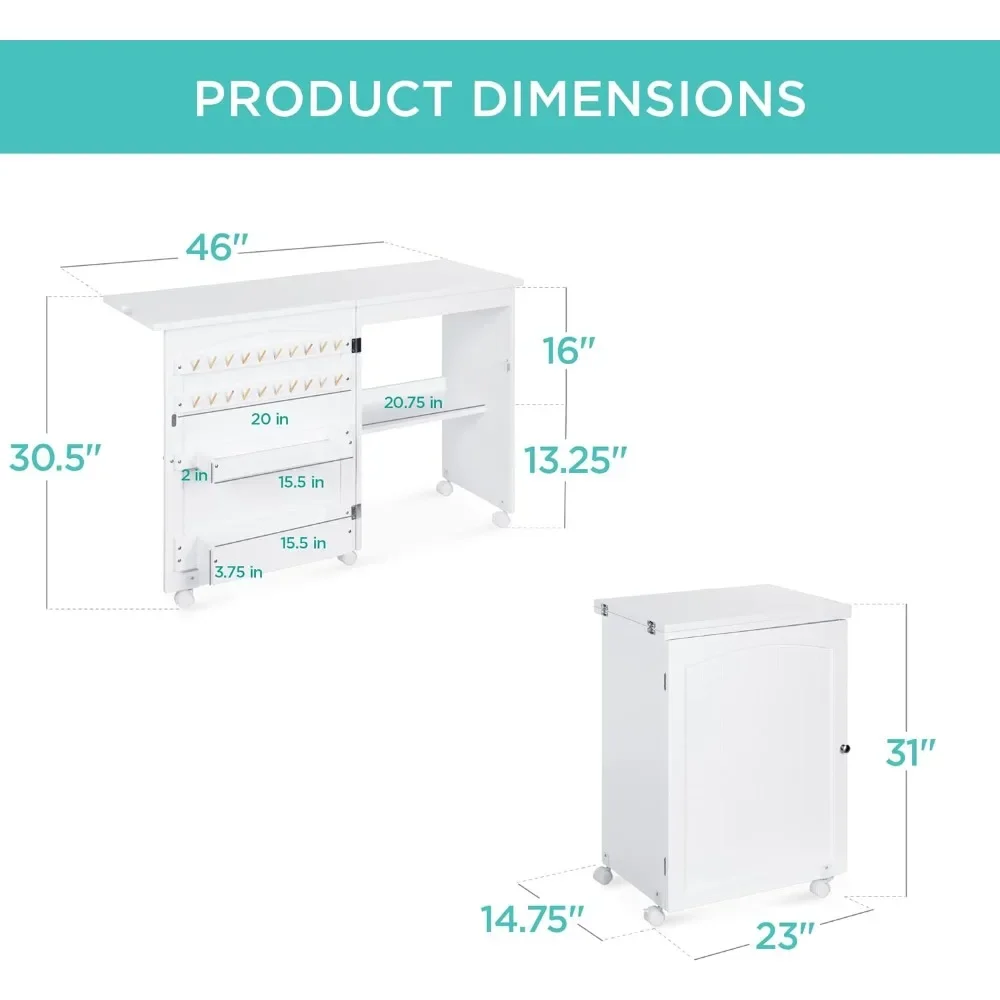 Folding Sewing Table Multipurpose Craft Station & Side Desk with Compact Design,Wheels,Shelves,Storage Trays,Pegs,Magnetic Doors