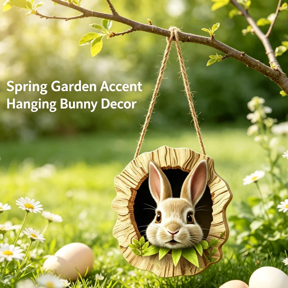 Vintage Easter Tree Cavity Bunny Wooden Wall Hanging, Rabbit Head Printed Wood Plaque, Poplar Plywood Door Decor, 5mm Thick