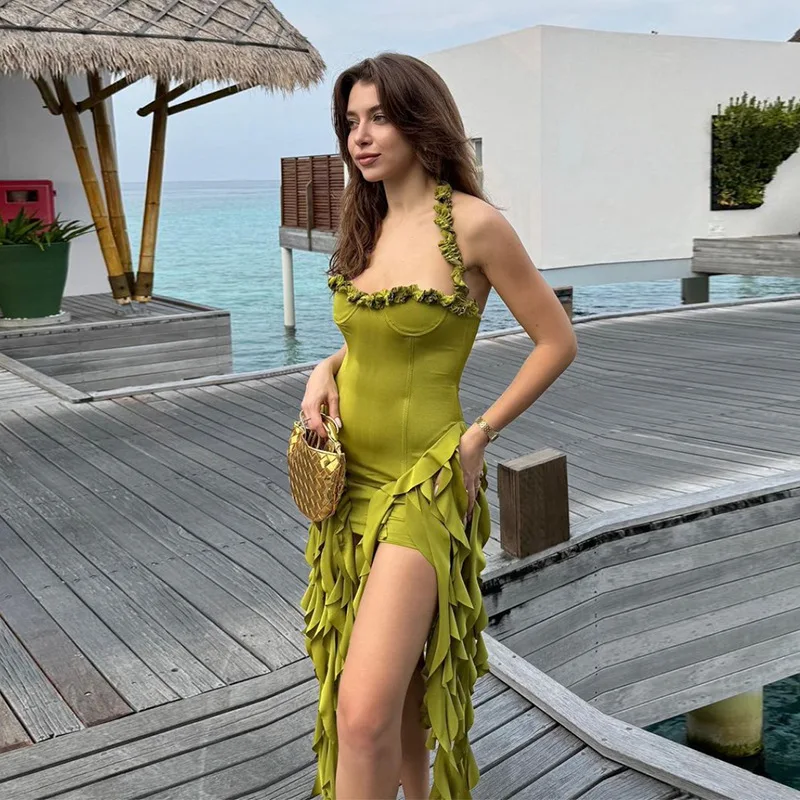 Vestido corto de fiesta para mujer, minifalda Sexy con cuello Halter sin mangas, tirantes divididos, color verde, para vacaciones y playa, verano, disponible