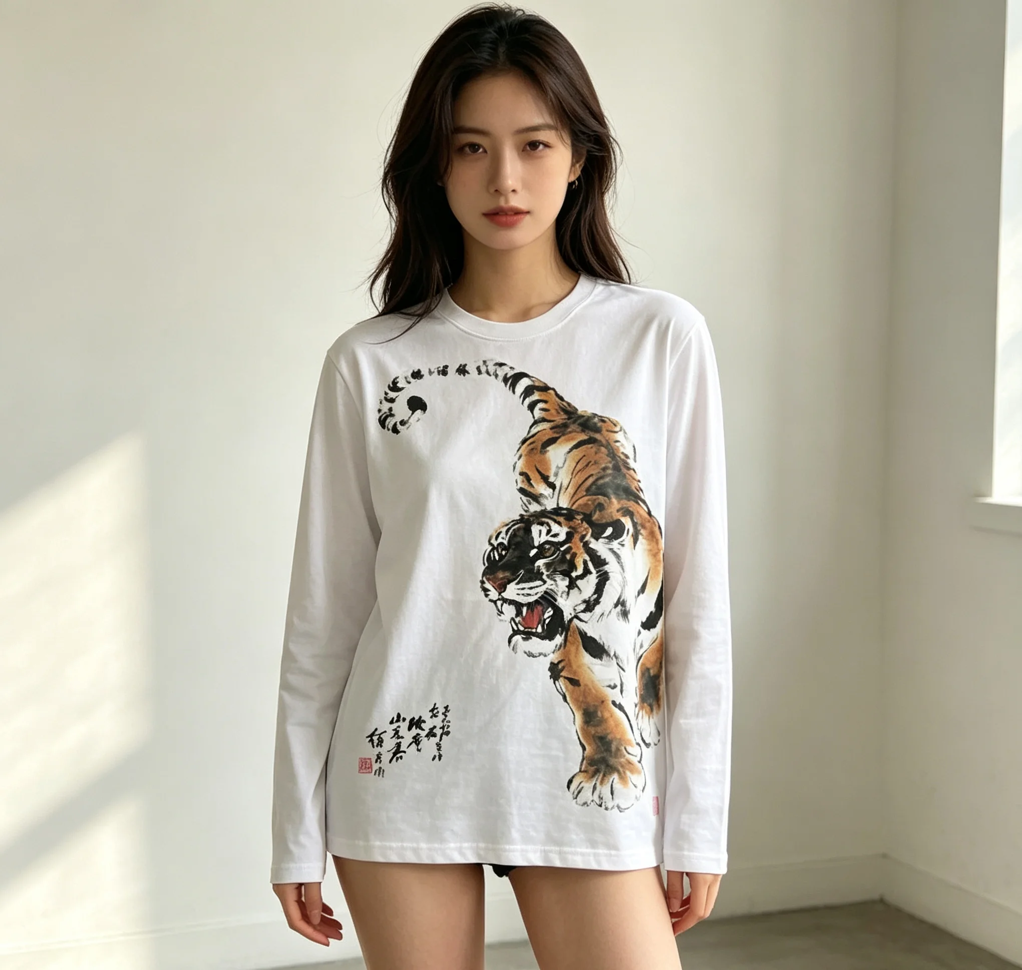 Y2K Vintage Chinese Ink Tiger Print Long Sleeve T‑shirt Unisex Casual Daily Versatile Streetwear Tops