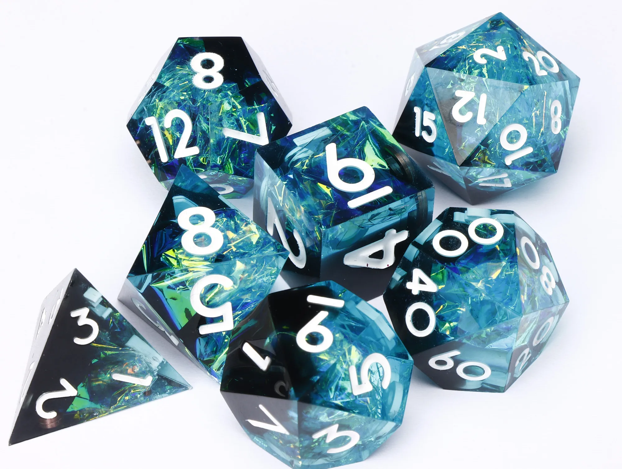 7PCS Resin Dice Set DnD Sharp Egde Resin Dice, polyhedral d and d dice, Green Dice Set