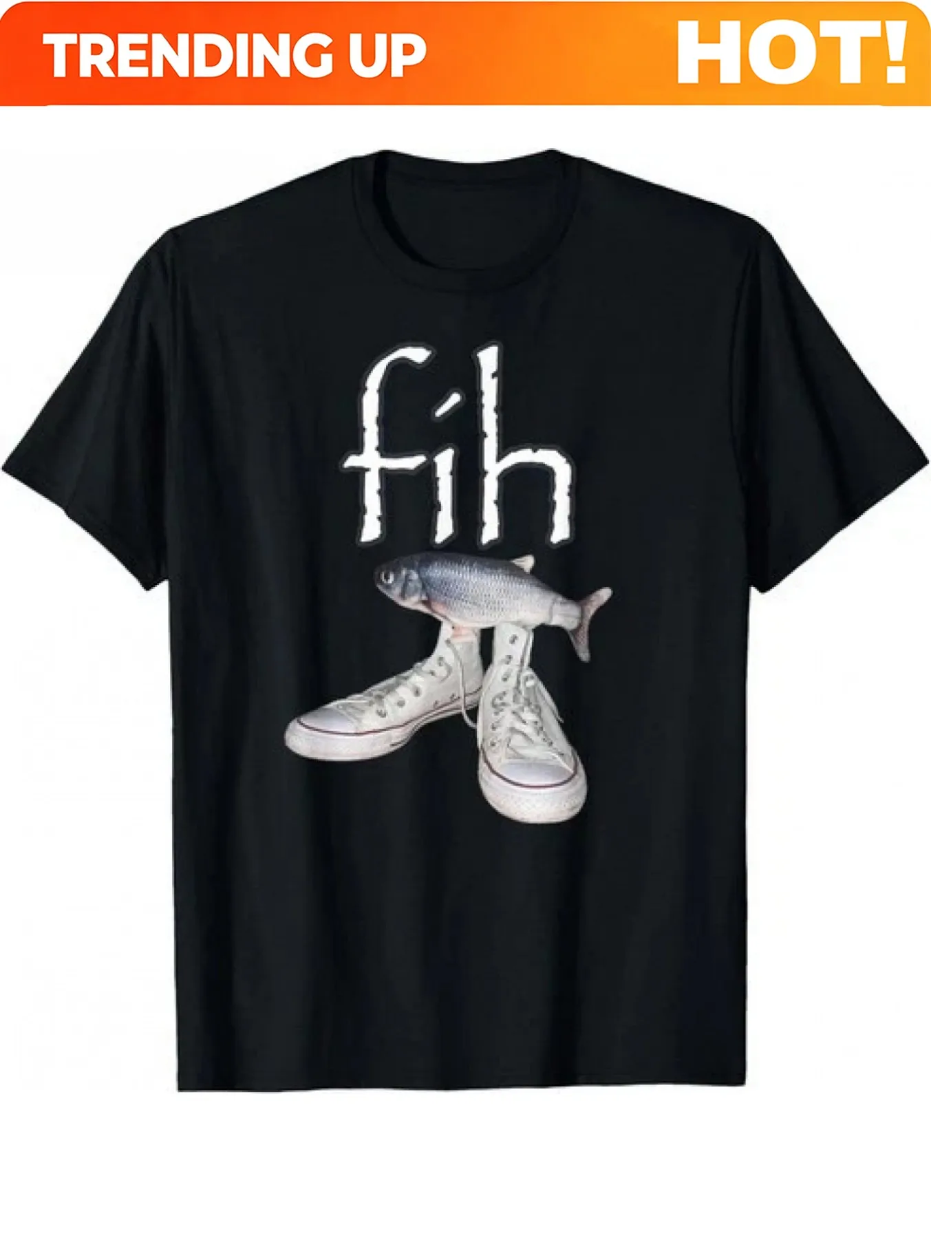 Customization Men's Plus Size Black Crew-Neck T-Shirt With Whimsical 'fih' Design And Sneakers - Fun White And Light Blue Graphi