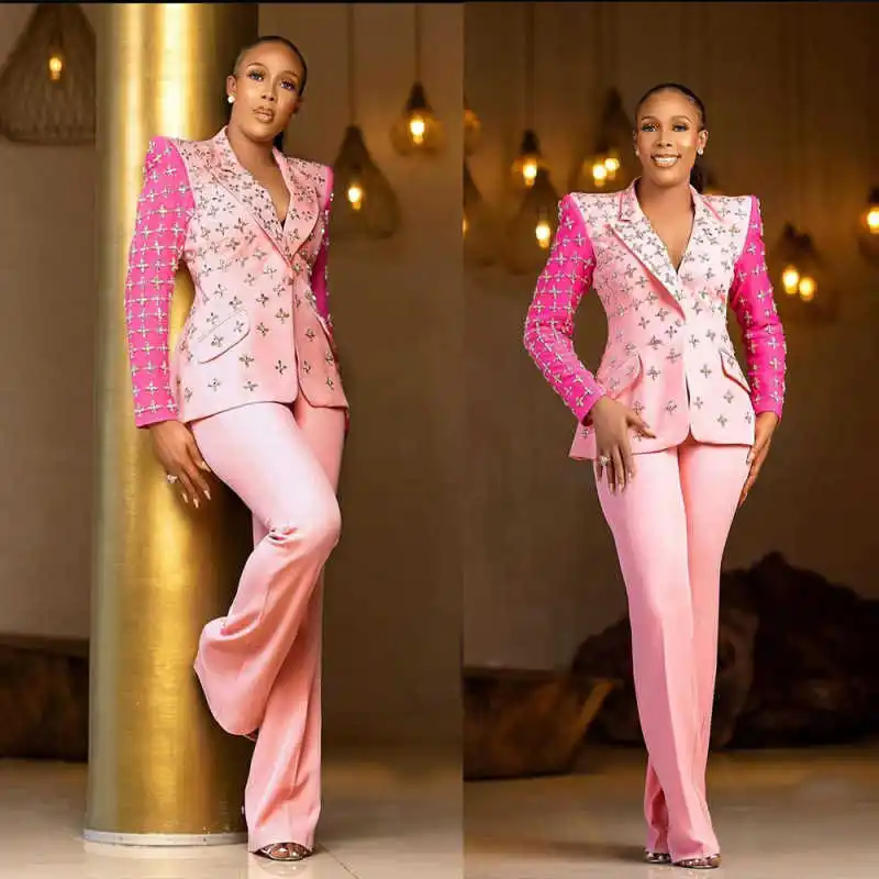 

Fashion One Button Women Suits Wide Leg Pant Crystal Beaded Blazer Customized Suits One Button Suit Prom Party Business Outfits