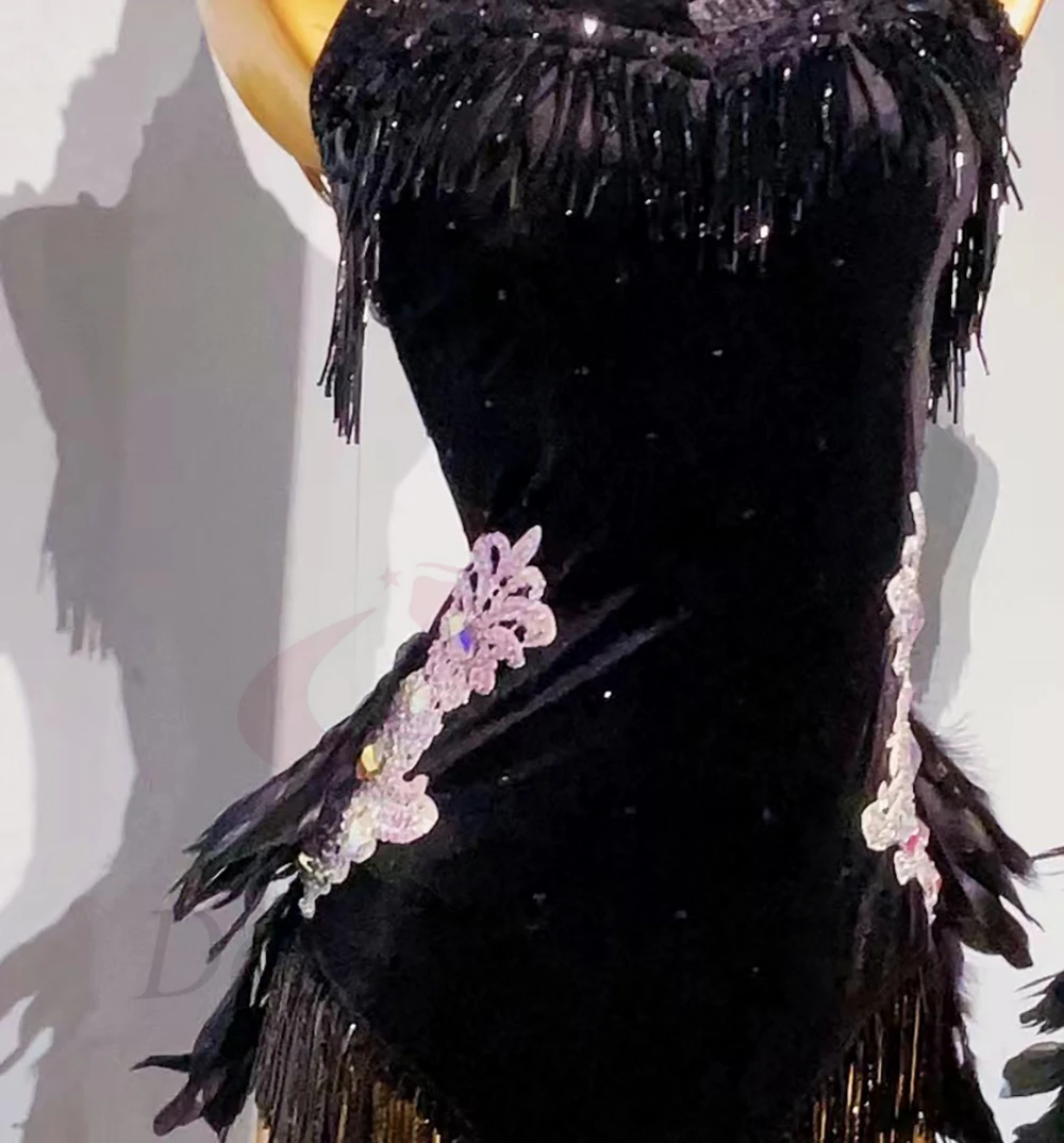 Abito da ballo latino per bambini adulti AB Stone High-End personalizzato Piuma nera Cha Tango Abbigliamento professionale da donna