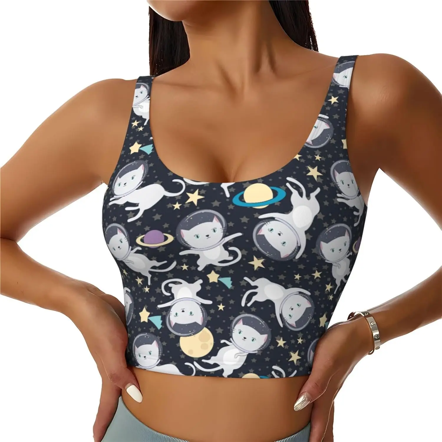 

Fun cat Astronaut Print Sports Bras for Women Funny Yoga Crop Tank Tops for Exercise Running Cycling Gym