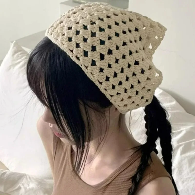 

Beige Knitted Floral Lace Hair Scarf Wraps for Women Girl Retro Triangle Headscarf Travel Photo Headband Headwear Accessories
