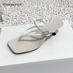 Genuine Leather Simple Style Flip Flops Women Sandal Sexy Kitten Heel Square Toe Slip on Runway Slipper Summer Shoe Black Coffee