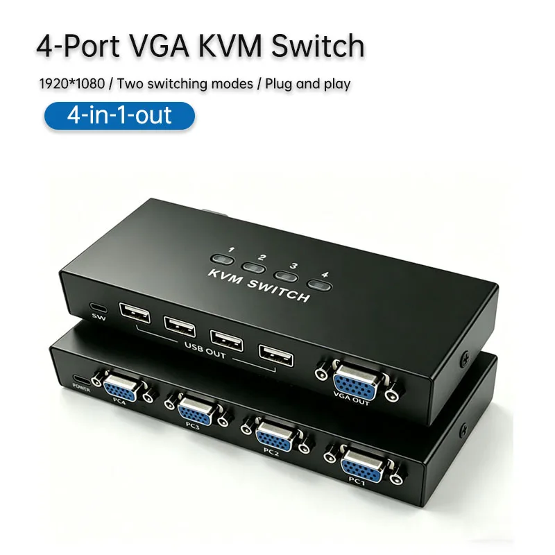 

KVM VGA Switch Metal Shell Four PCs Share One Monitor USB Keyboard Mouse Printer Manual button switching or monitoring devices