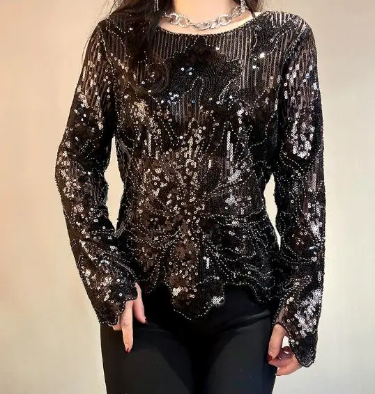 Shiny Women Sequined Tshirts Women Gothic Punk Clothes Femme Embroidery Sequins Pullovers Tops Women Irregular T Shirts