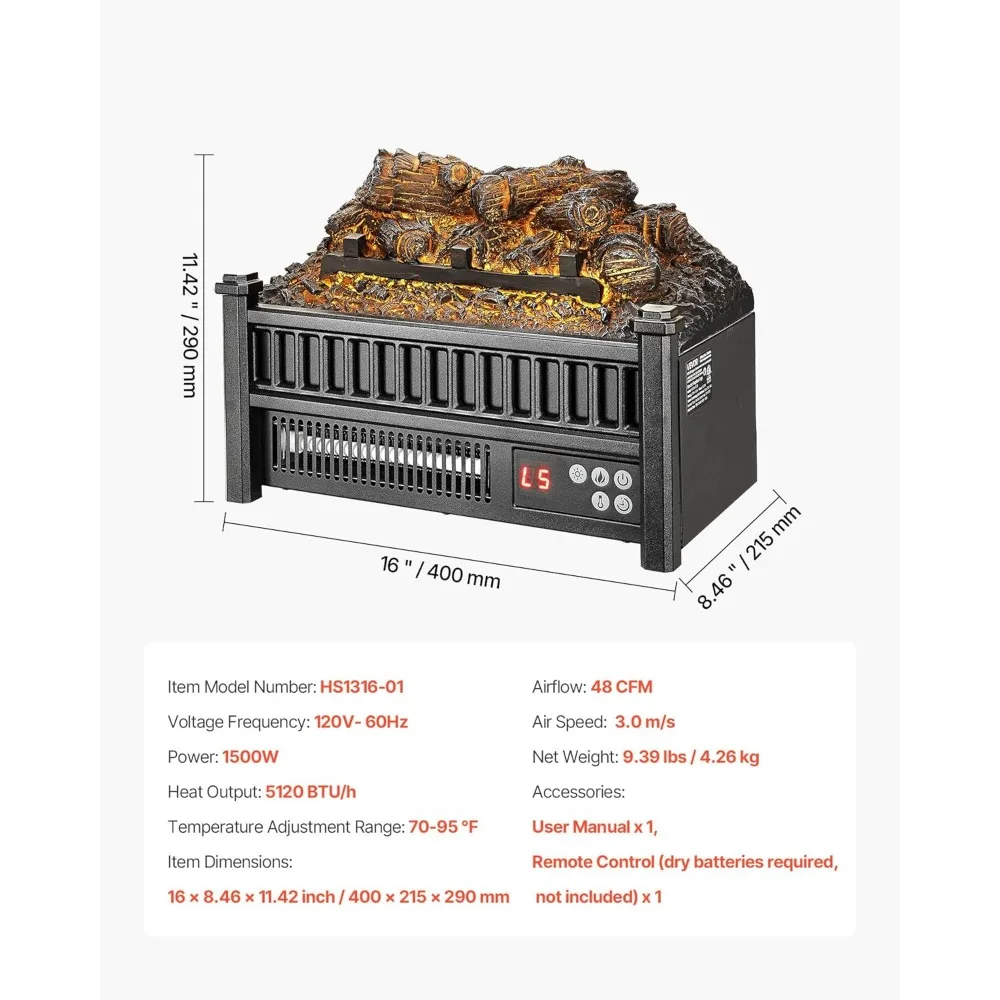 16-дюймовый электрический камин VEVOR с бревенчатым обогревателем, вставкой, пультом дистанционного управления, 5 регулируемыми яркостью пламени и таймером 24 часа