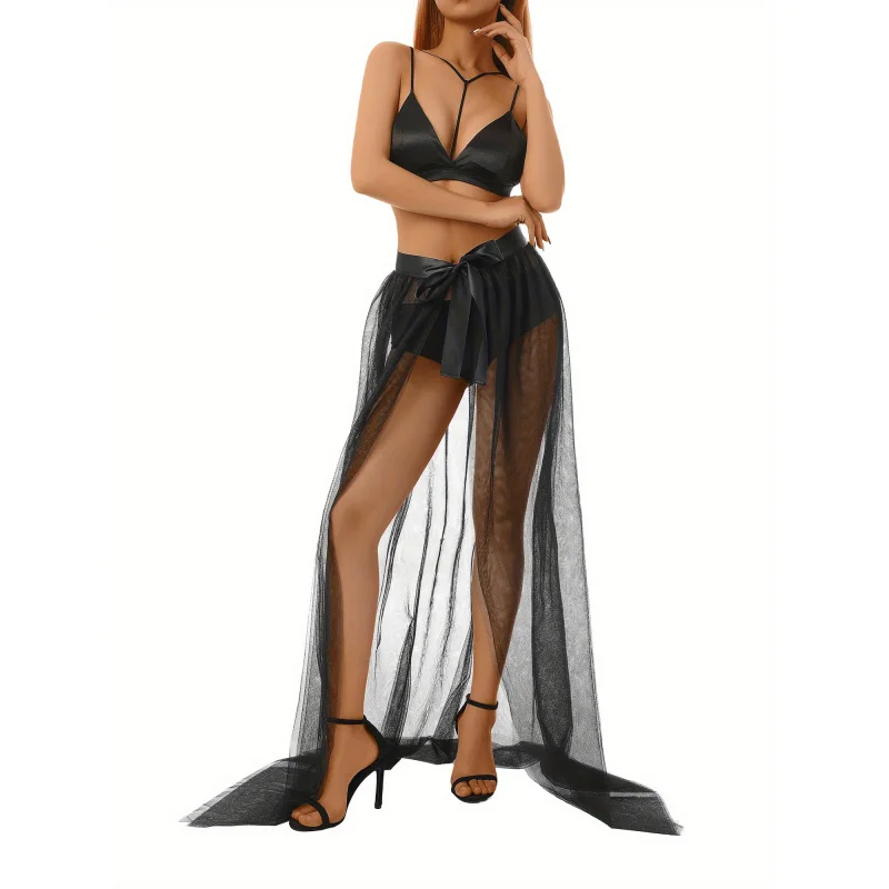 Women Tutu Mesh Skirts, See-throung Maxi Skirts, Solid Color High Waist Skirt