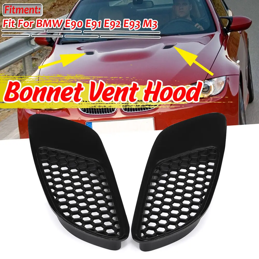 2PCS Glossy Black/Carbon Fiber Look Engine Hood Vent Louvers Air Scoop Bonnet Vent Cover For-BMW E90 E91 E92 E93 M3 