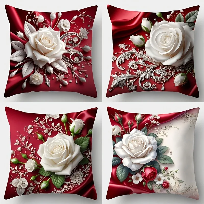 

4pcs Valentine's Day Rose Printed Pillowcase Valentine's Day Decoration Daily Home Decoration