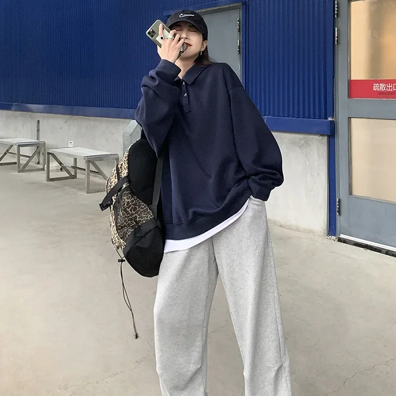 

Turn-down Collar Sweatshirts College Youth Casual Long Sleeve Fashion Solid Color Polo Loose Pullover Korean Spring Autumn Tops