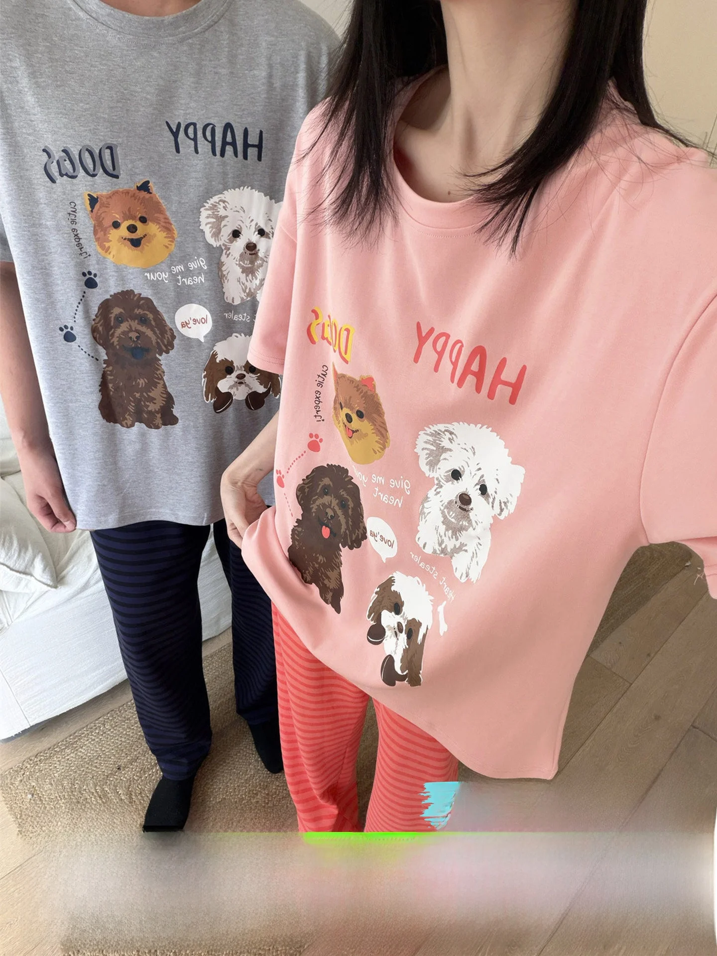 cotton-couples-summer-pajamas-women's-short-sleeve-loose-comfortable-home-clothes-cartoon-print-men's-home-suit-long-pants