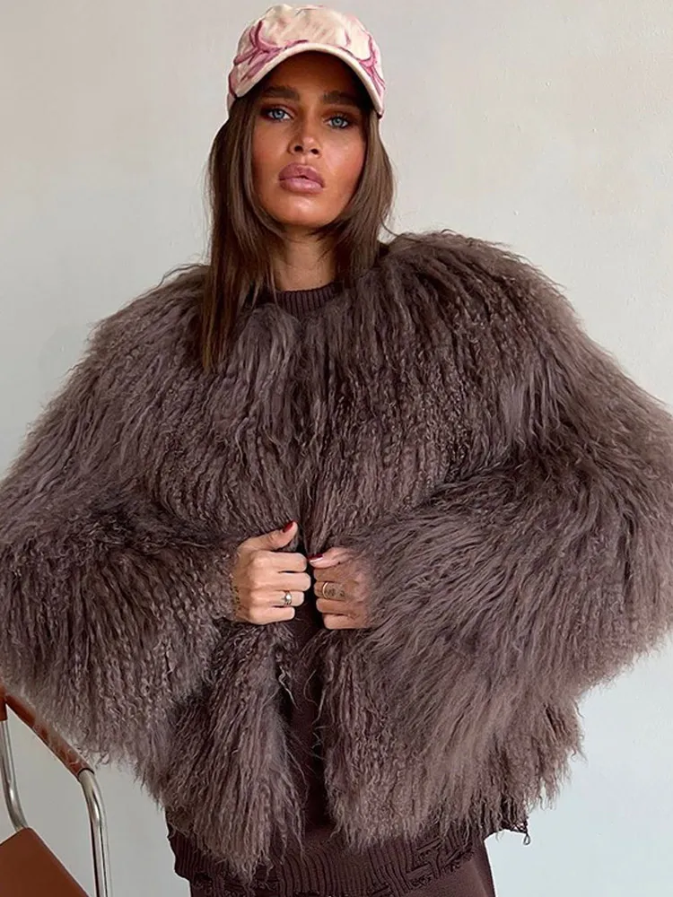 2024 New Burgundy Oversized Fluffy Faux Fur Coat Fashion Women Round Neck Long Sleeved Warm Jacket Winter Lady Loose Streetwear