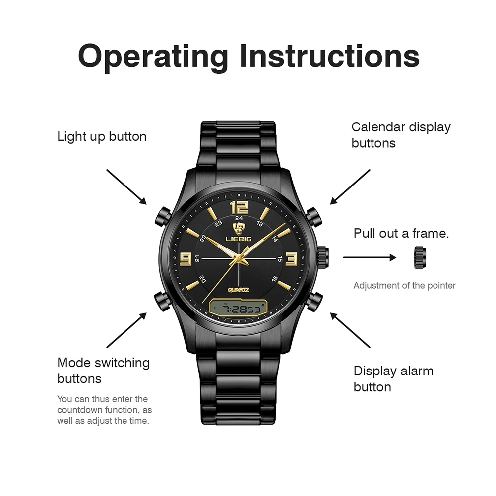 Digital Dual Time Week Gold Back Light Sport 3bar Waterproof Quartz Wristwatches Fashion Casual Watch Men Clock relogio masculin