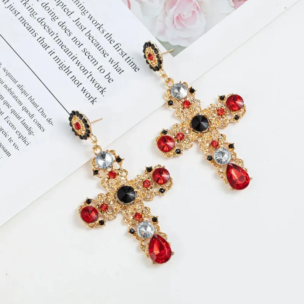 Colorful Vintage Cross Earrings New Alloy Large Handmade Earrings Cross Shape Simulated Gem Earrings