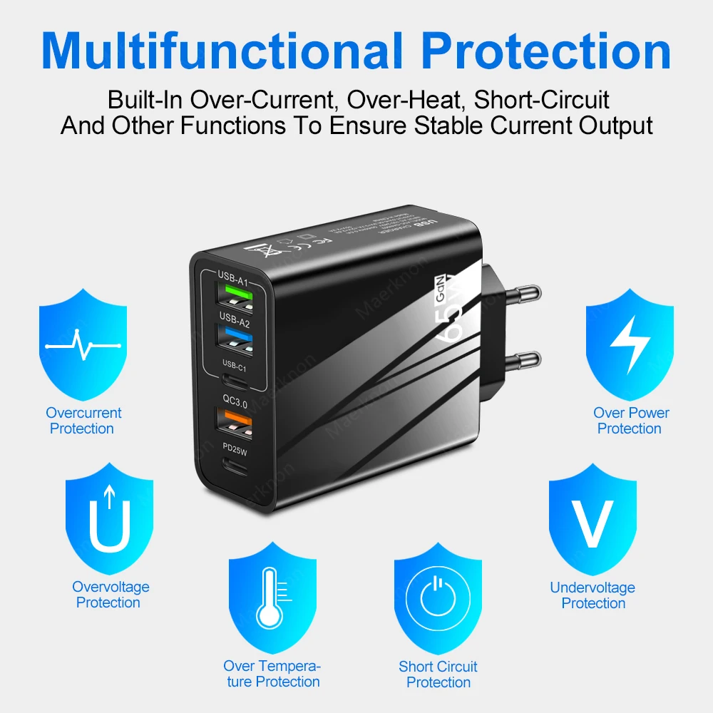 65W GaN USB Fast Charger Multi Ports Type C Quick Charge Wall Charger For iPhone 15 Samsung Xiaomi USB PD Phone Charger Adapter image 4