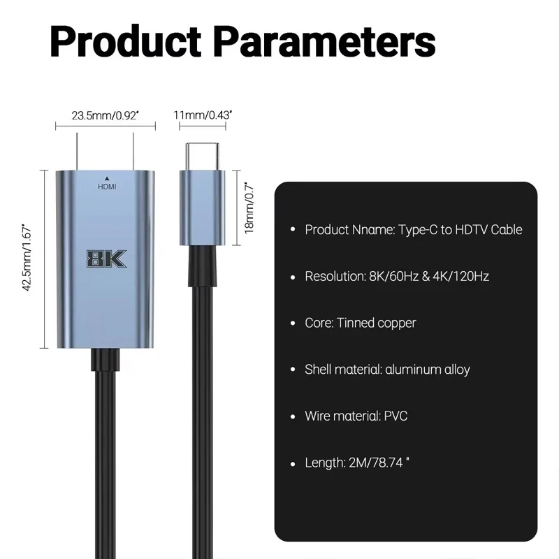 Type-C to HDMI2.1 Cable USB-C to HDMI 8K60Hz 4K120Hz Adapter Thunderbolt 3 4 to HDTV Converter Cable For iPhone15 MacBook Laptop