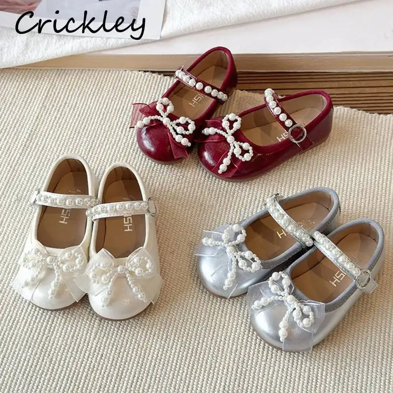 Pearl Bow Kids Flats Shoes PU Solid Shallow Toddler Girls Princess Shoes Fashion Non Slip Soft Children Party Shoes