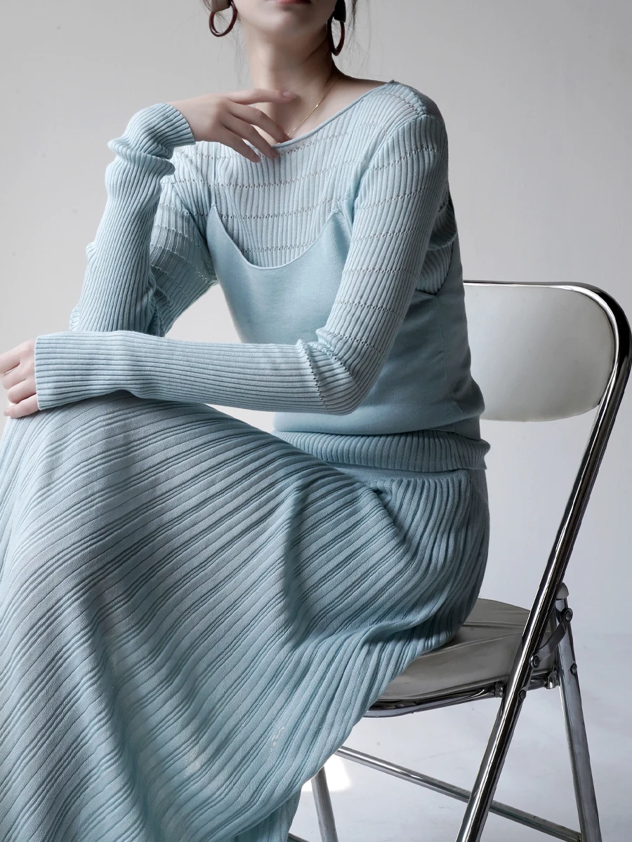 

Warmo Spring 2026 Slimming Long Sleeve Hollow out Knitted Two Piece Set Rayon High Waist Long Dress Breathable Fashion