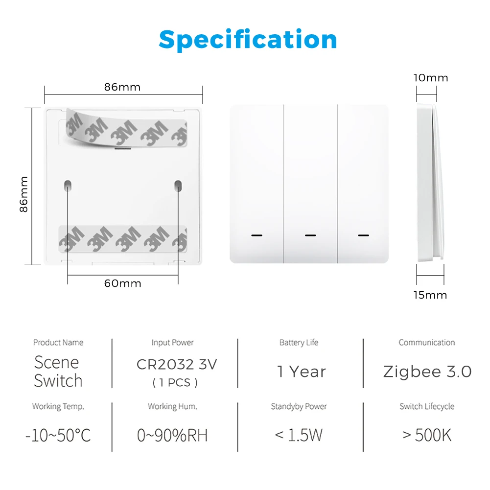 Tuya Zigbee 3.0 Wireless Scene Wall Switch 1 2 3 Gang  Remote Control Battery Powered, Support Home Assistant via Zigbee2mqtt