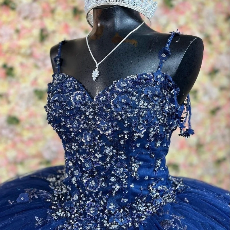 Lorencia-vestido De quinceañeras azul marino brillante, traje De baile con cuentas, lentejuelas, cristales, apliques, 15 Años, YQD263, 2023