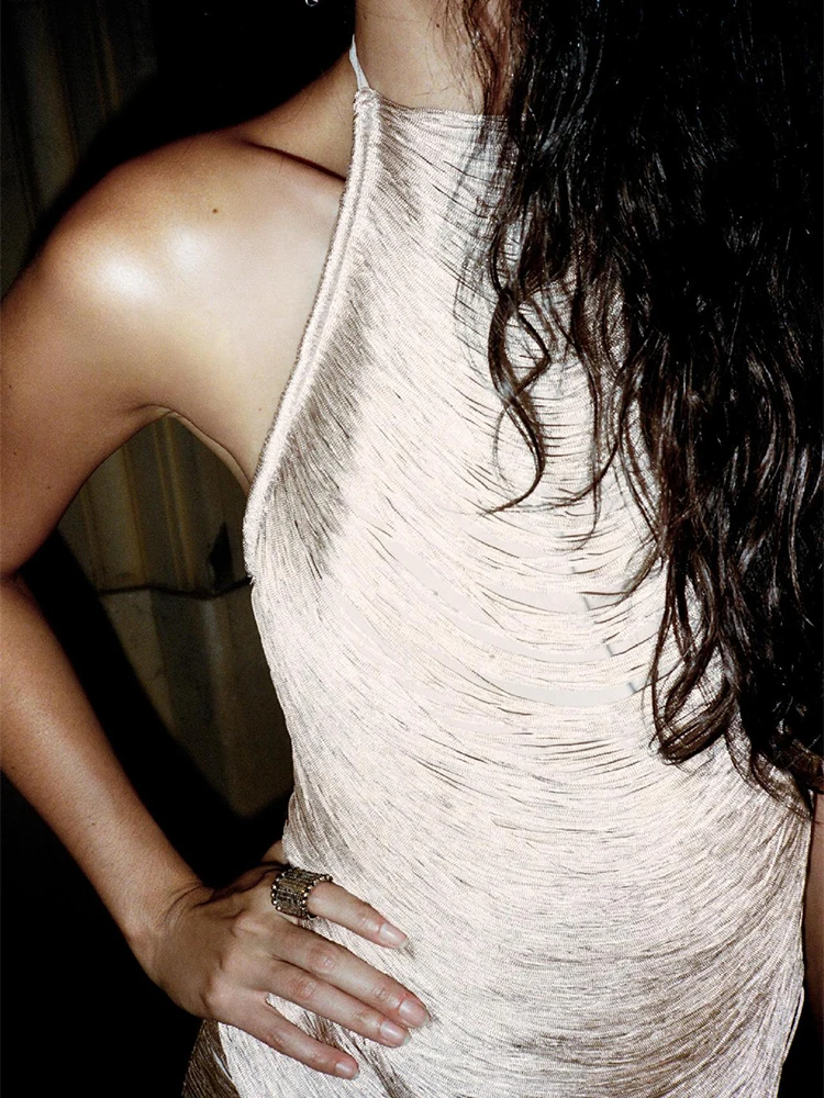 

Женские модные облегающие блузки для вечеринок, сексуальные топы-халтер без рукавов, летние жилеты, элегантные однотонные топы с бахромой, весна-лето 2026