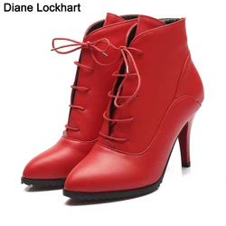 Autumn Winter Women Ankle Boots Sexy Pointed Toe Pole Dance High Heels Pumps Fashion Lace-Up Chelsea Shoes Female Stiletto Boots