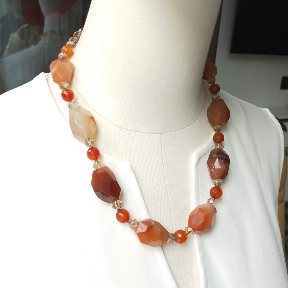 Lii Ji Real Stone Necklace Orange Brown Color Agate Crystal 52cm Women Necklace Jewelry Gift