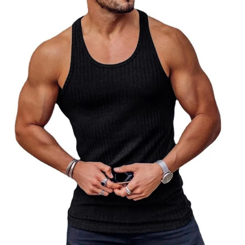 Fashion Foreign Trade Summer Knitted Vertical Stripe Fitness Sports Slim Fit Tank Top Men's Racerback Tank Top