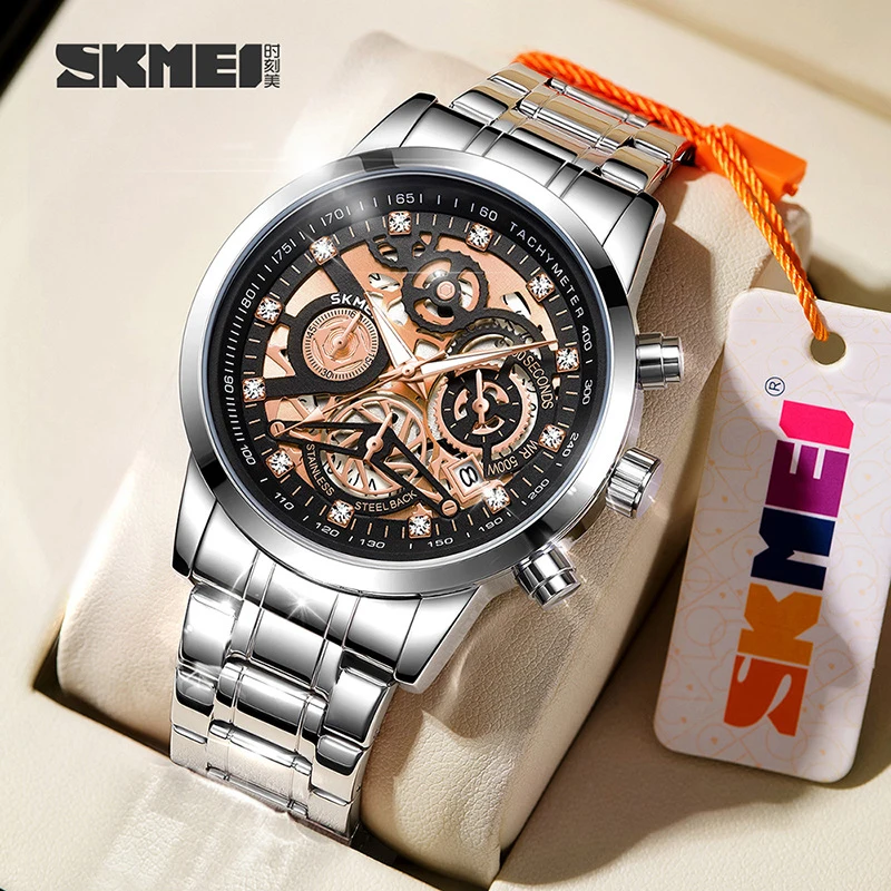 SKMEI 7059 Fashion Three-Eye Skeleton Dial Business Men's Watch Waterproof Steel Strap Men's Waterproof Quartz Watch