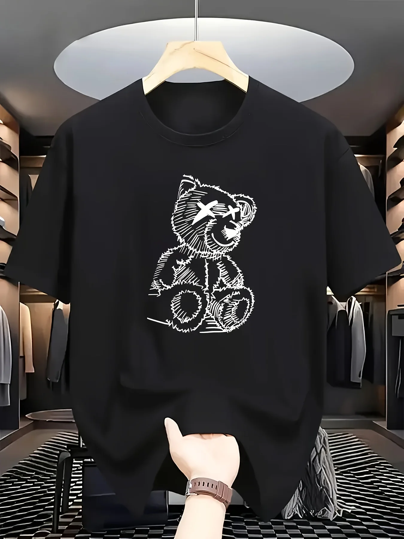 Crew neck short-sleeved T-shirt, trendy art style white line bear (X-eye trendy cool design + hand-painted outline)