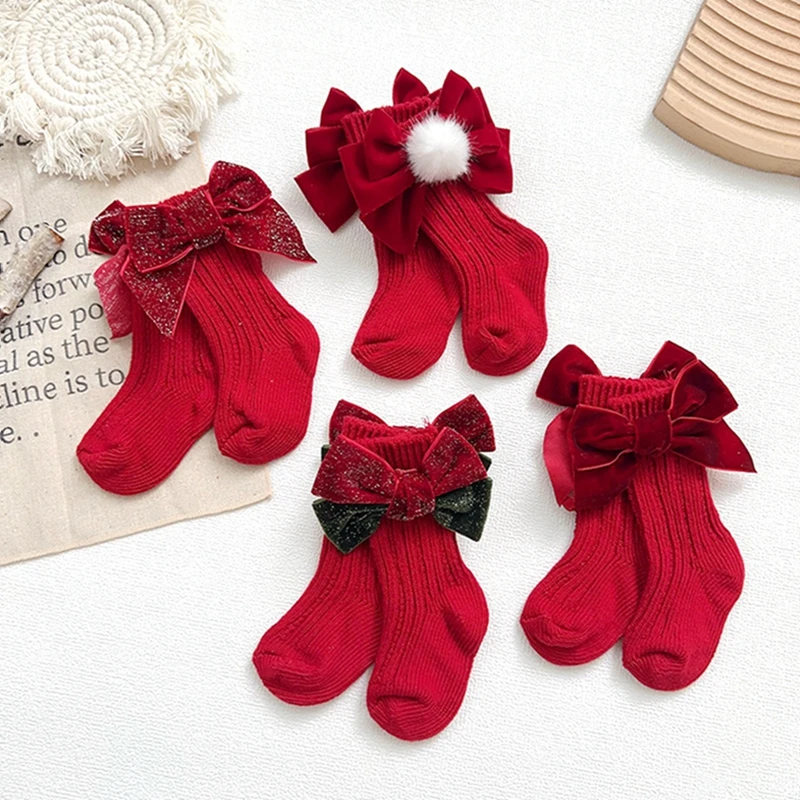 

0-24M Newborn Baby Girls Socks Headband Sets Spring Autumn Knit Bow Princess Socks for Party Wedding Baby Shower