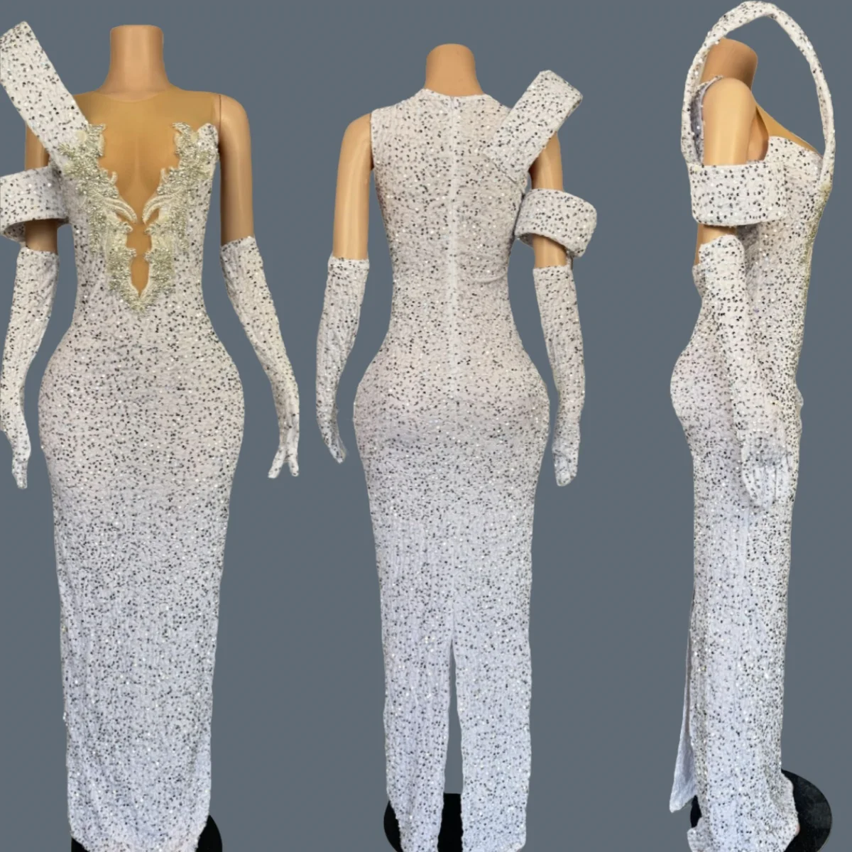 

Sparkly Rhinestone Deep V Neck Long Dress Club Festival Celebrate Party Tight Fitting White Evening Gown Fashion Couture Suidao