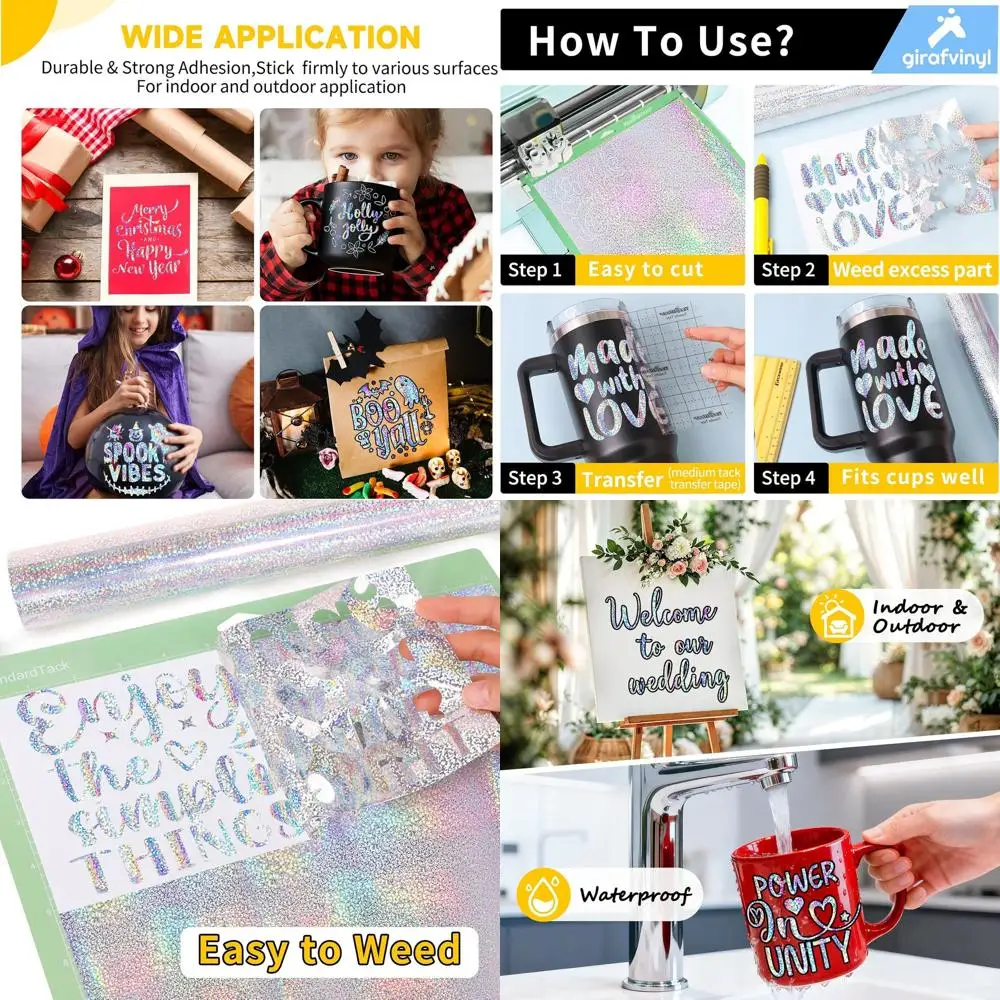 

GIRAFVYINL Серебряный голографический винил — 12 дюймов x 10 футов, постоянный винил с серебряным блеском для декора дома и автомобиля своими руками, чашки, Рождества и подарка