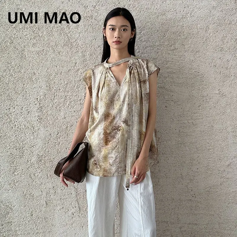 

UMI MAO New Chinese Jacquard Top Women V-neck Design Sense 2024 Summer New Slim Fit Small Shirt Sleeveless Top Femme