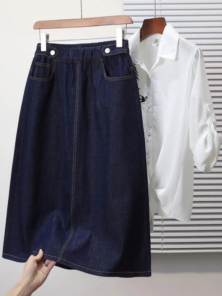 

Юбка-трапеция с высокой талией, джинсовая юбка с эластичной резинкой на талии, средней длины, однотонная, весна-лето, брендовый аутлет