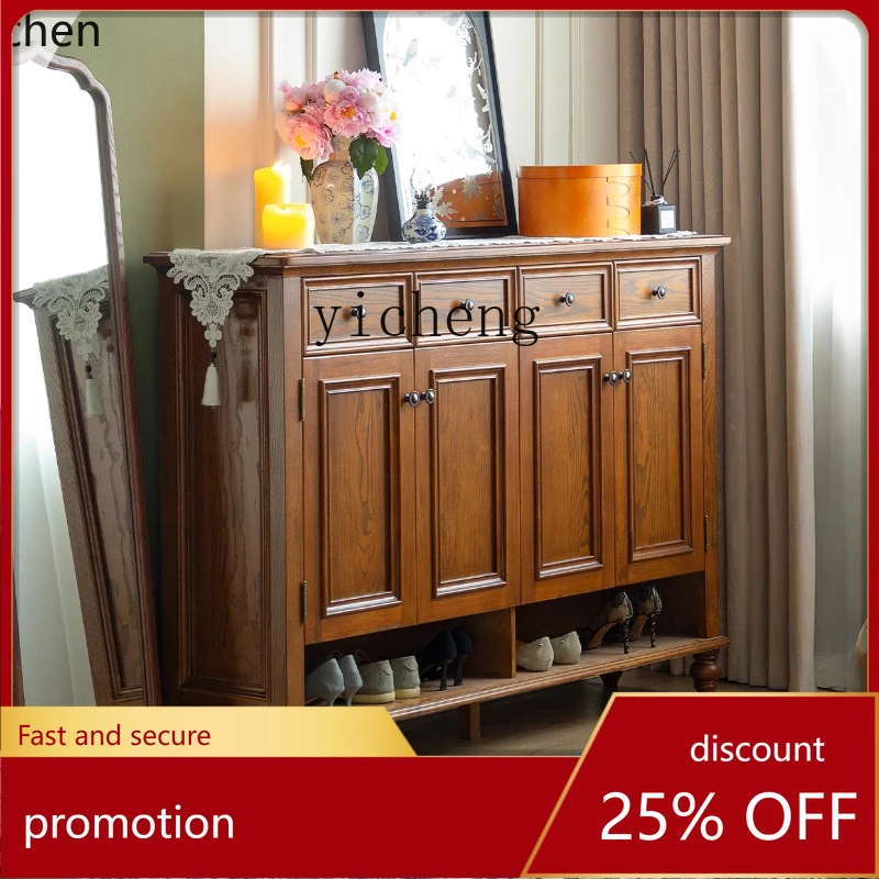 

HXL solid wood shoe cabinet retro home door entry door storage against the wall solid wood integrated entrance cabinet