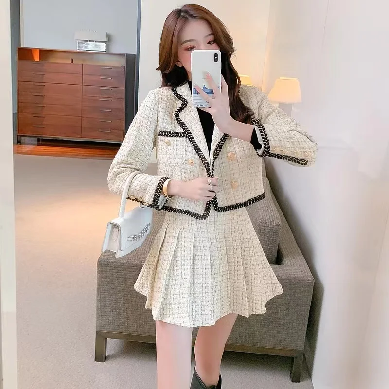 

Real Shot! 2022 Early Autumn Korean Fashion Temperament College Style Pleated Skirt Two-Piece Set for Women Female Office Lady