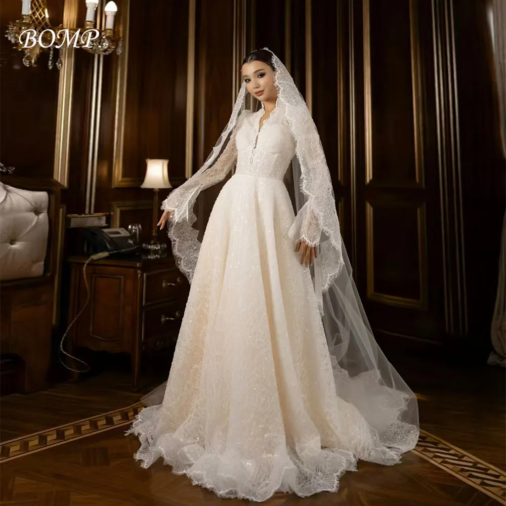 

BOMP Luxury Sequined Lace Wedding Dress High Neck Full Sleeves Ruffles Sweep Train Woman Bridal Gown Customized Vestido de novia