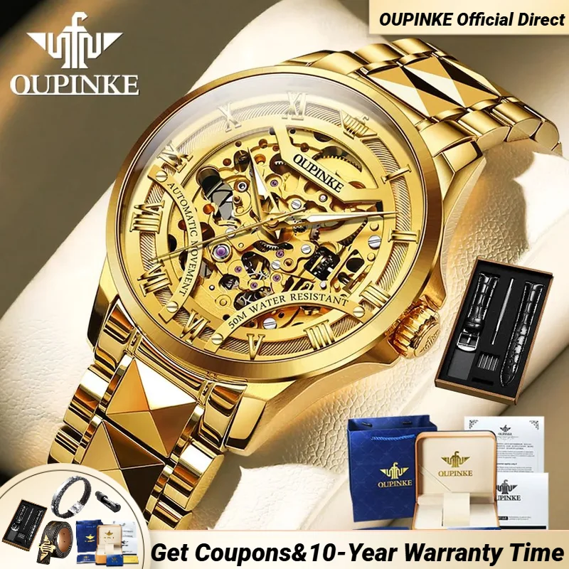 

OUPINKE 3210 Original Mechanical Watch for Men Stainless steel Full Hollow Out Waterproof Automatic Men's Wristwatch Hand Clock