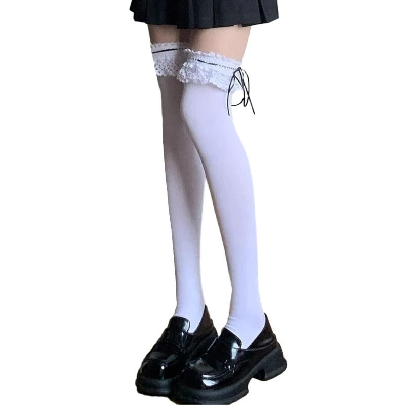 Lolitas Frilly Thigh High Socks Ballet Bow Lace Up Over Knee Stocking for Womens