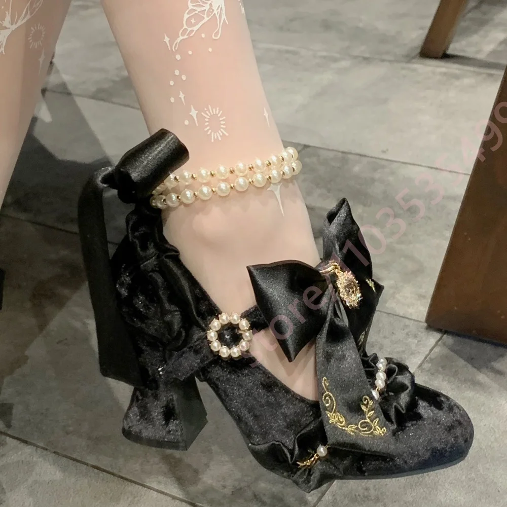 Women Sweet Lolita Shoes Round Toe Chunky Heel Pearl Ankle Strap Satin Bow Ruffle Decor Elegant Princess Party Dress Footwear