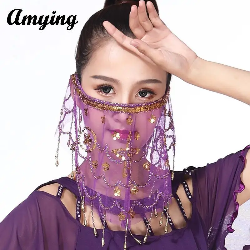 Belly Dance Veil Dance Adult Lady Face Wrap Scarf Women Stage Performance Tassel Veil India Dance Face Accessories Mesh Sequin